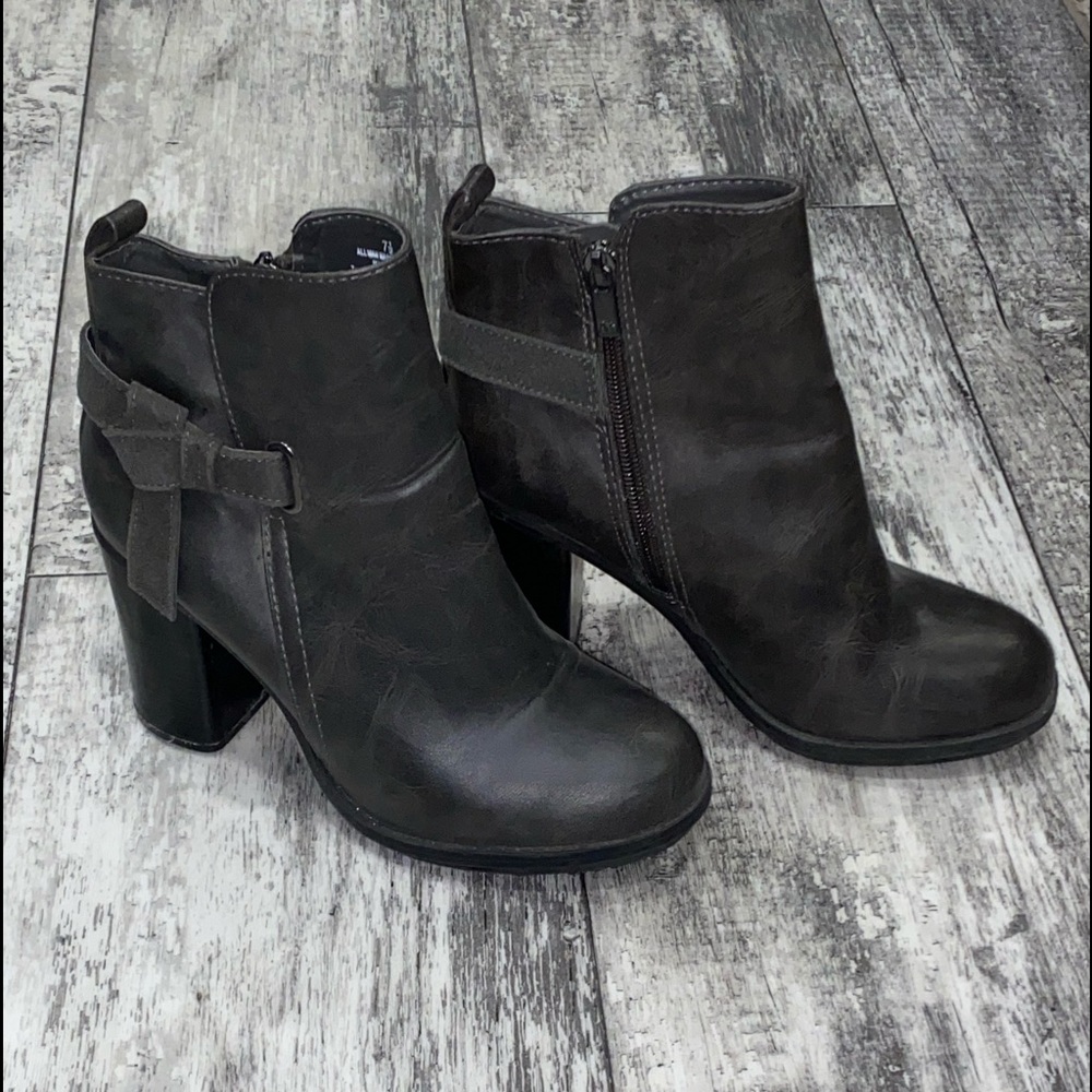 Gray bootie heels suede detail